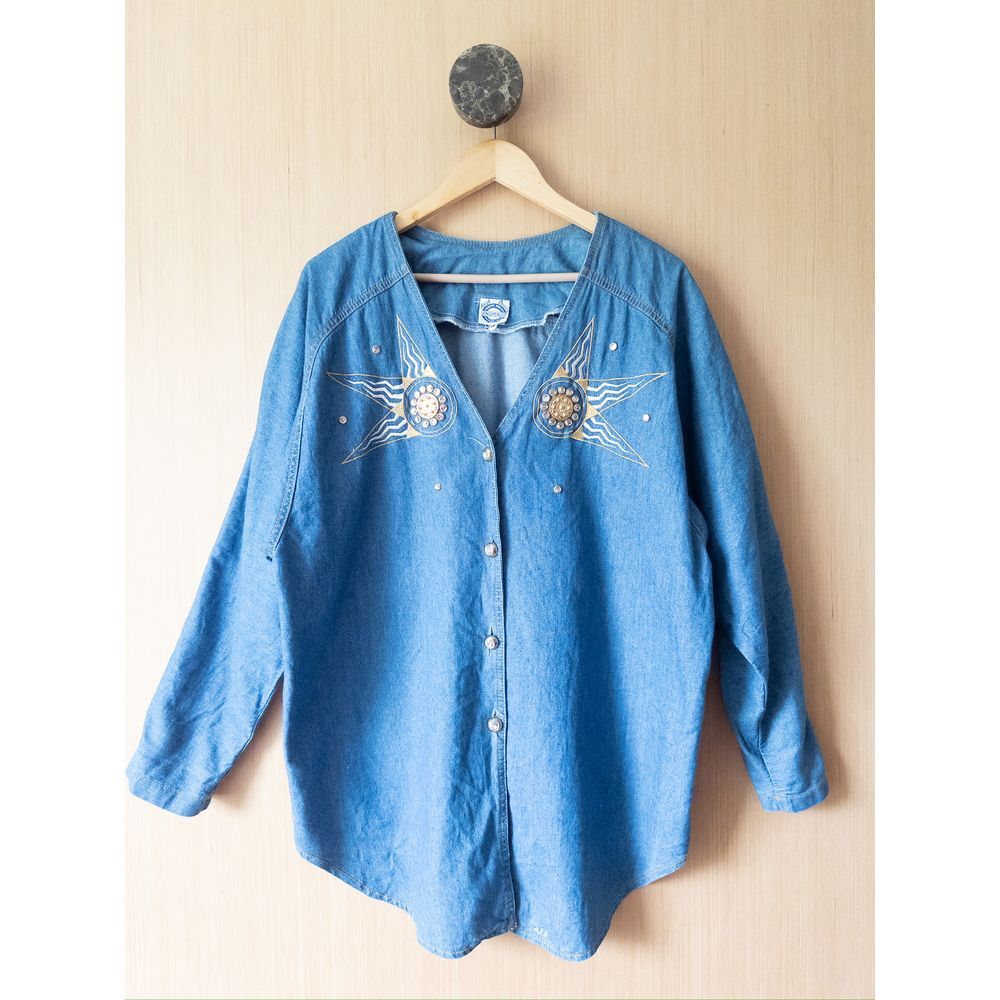 Vintage Denim Shirt with Embroidered Star‎ Design and Rhinestone Accents